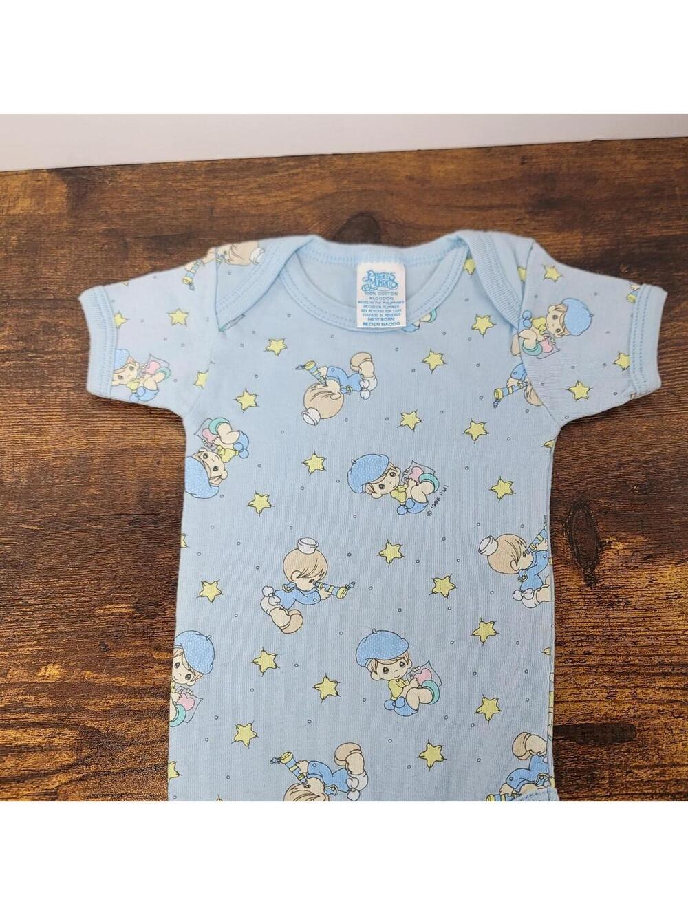 Precious Moments blue cotton baby bodysuit with yellow stars and cartoon babies
